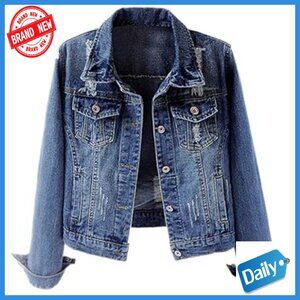 Distressed Denim Jacket Long Sleeve Slim Fit Button Front Pockets